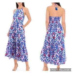 Crown & Ivy Cotton Halter Neck blue pink Maxi Dress open smocked back size L